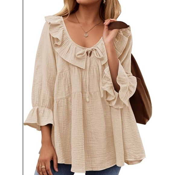 Zesica Tops - Tiered Babydoll Blouse Womens M Apricot Ruffle Boho Crinkle Gauze Boho Cottage